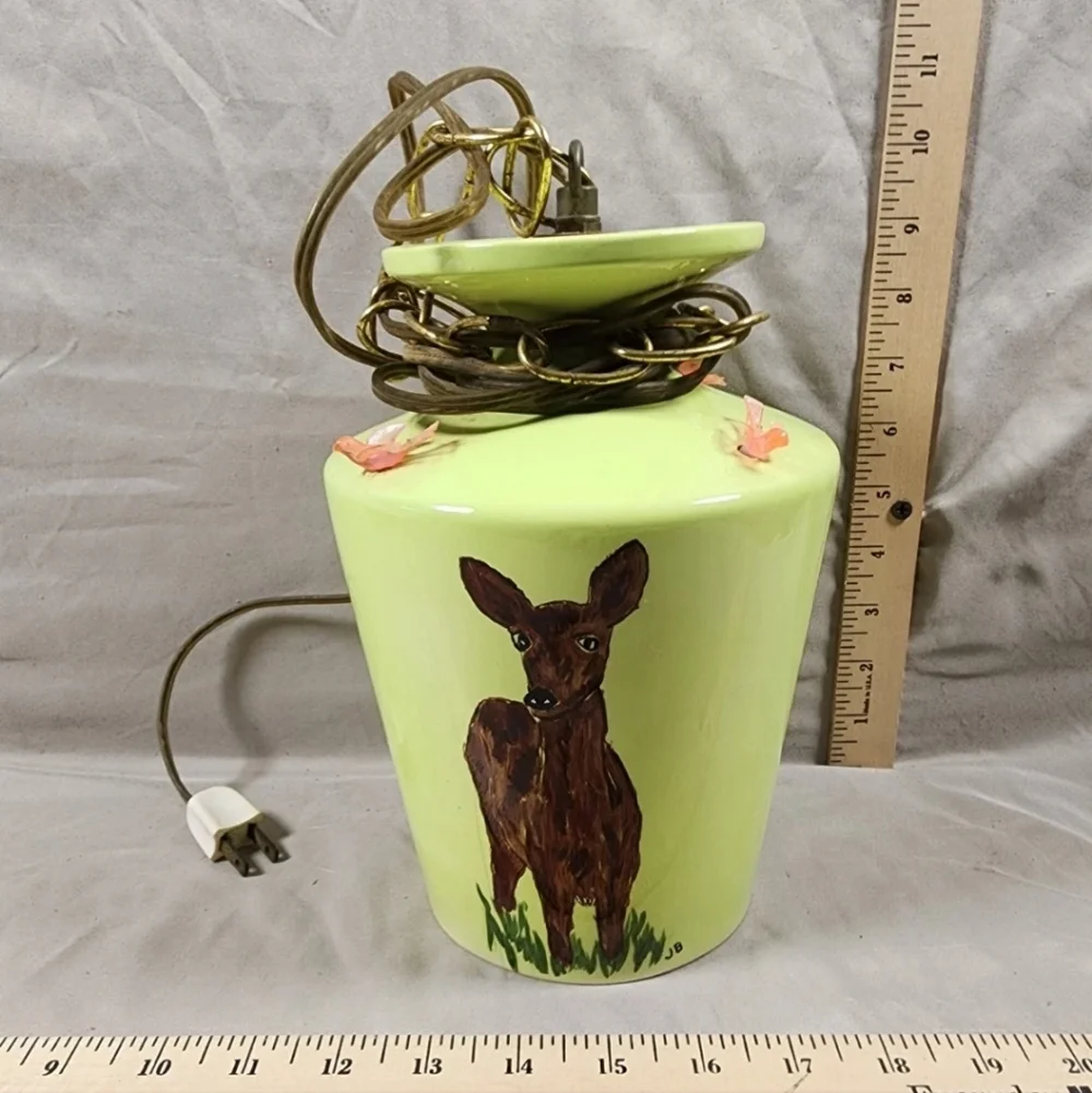 Vintage Ceramic Hanging Swag Light Mid Century Handpainted Deer Used